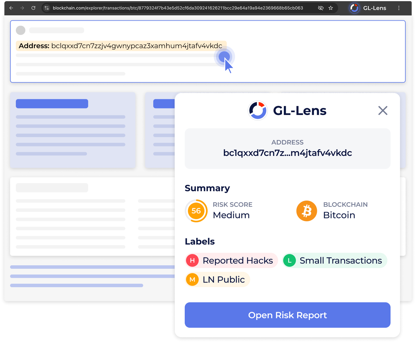 GL-Lens Chrome extension popup showing wallet risk score